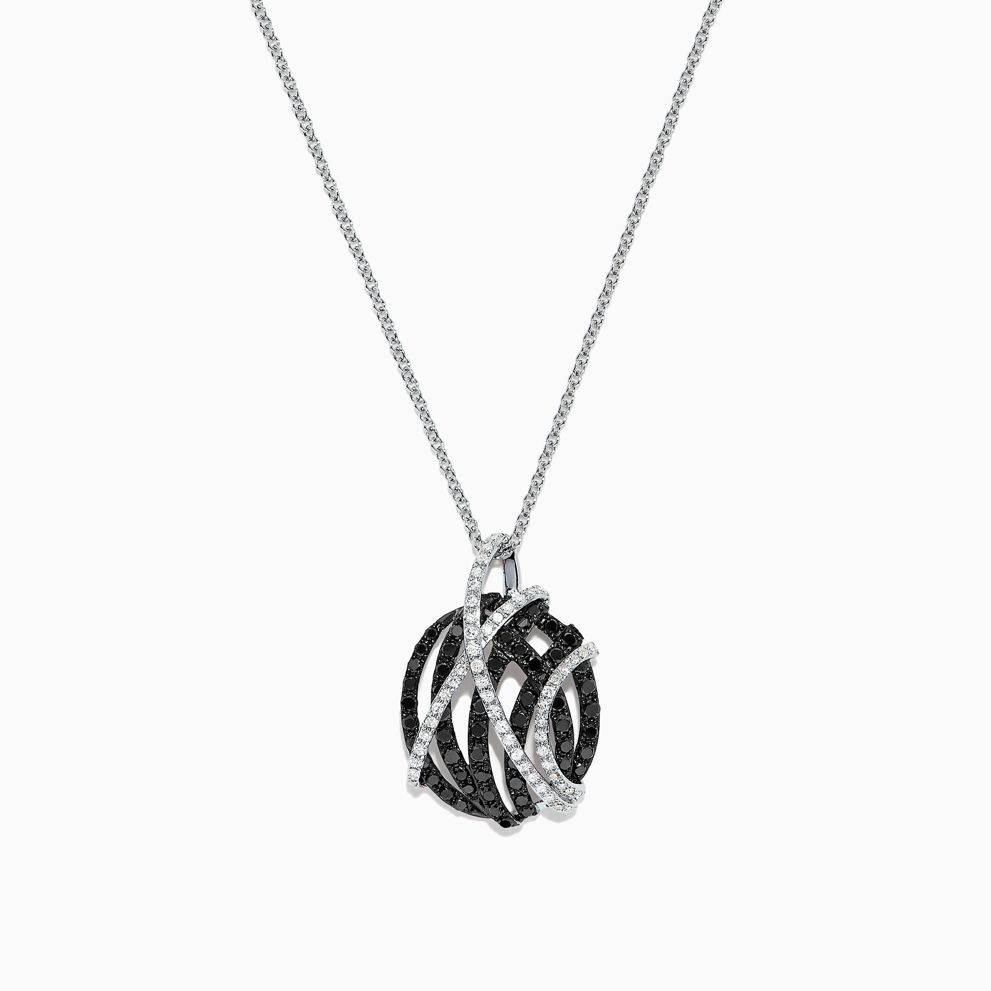 The 14K White Gold Black and White Diamond Pendant (0.92 TCW) showcases interwoven curves with black and white diamonds, creating a modern, elegant look on a delicate silver chain.