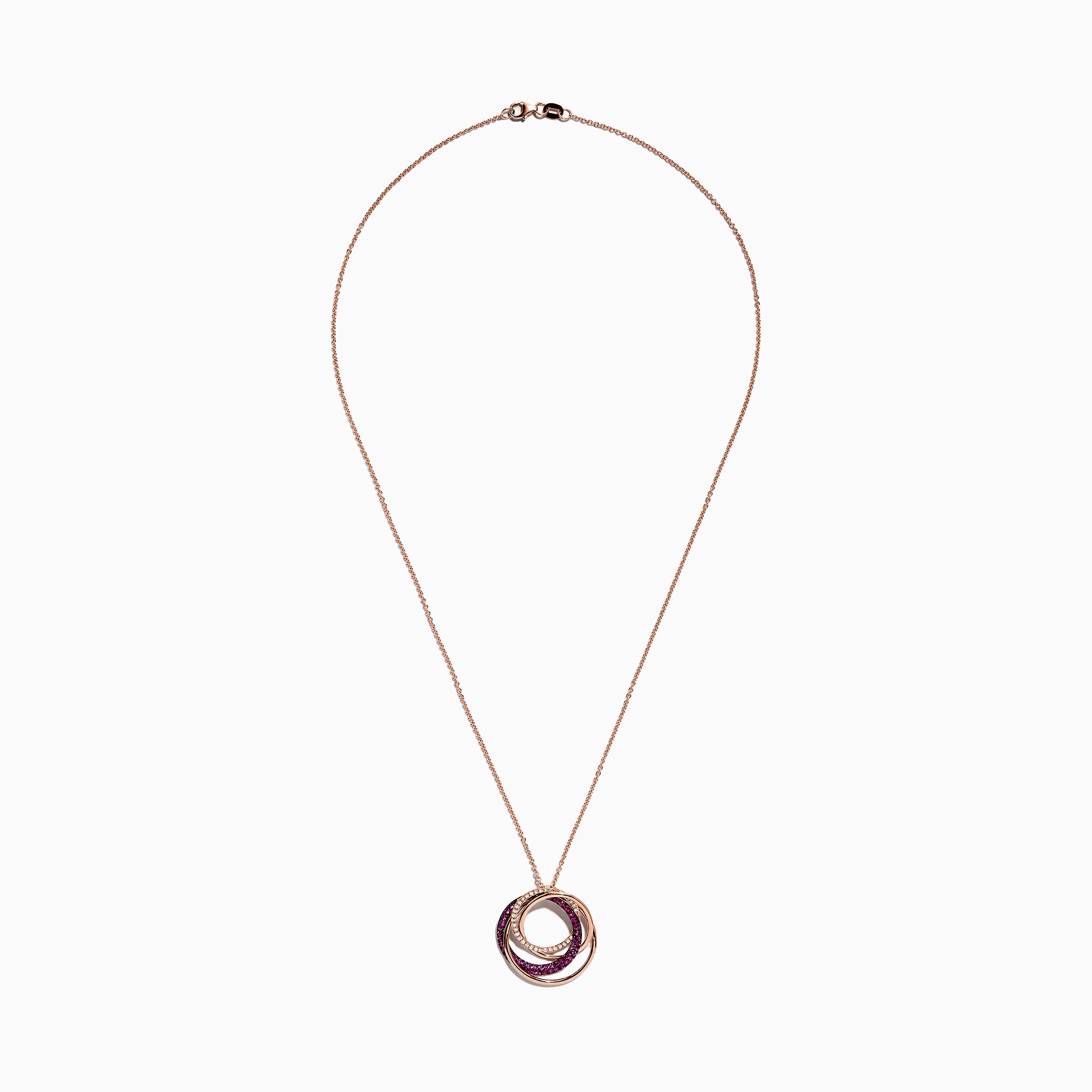 The Ruby Royale 14K Rose Gold Pendant showcases three interlocking ruby and diamond circles (0.66 TCW) on a delicate chain, set against a white background.