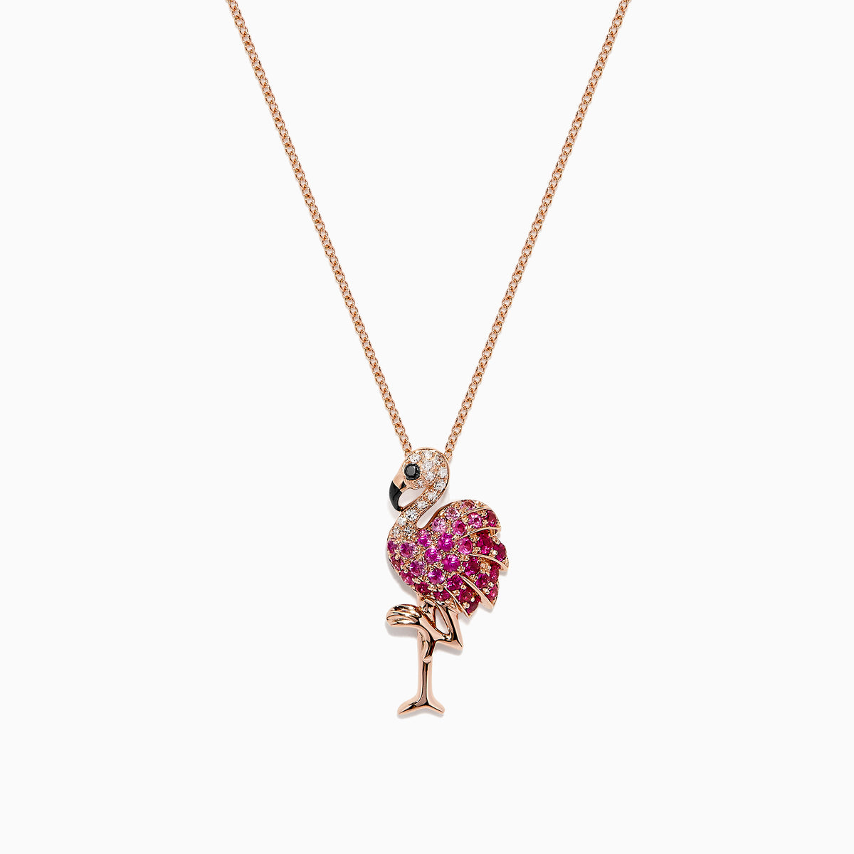 The Safari 14K Rose Gold Ruby and Diamond Flamingo Pendant (0.64 TCW) features an elegant flamingo standing on one leg with ruby, white, and black stones highlighting its body, wing, and eye.