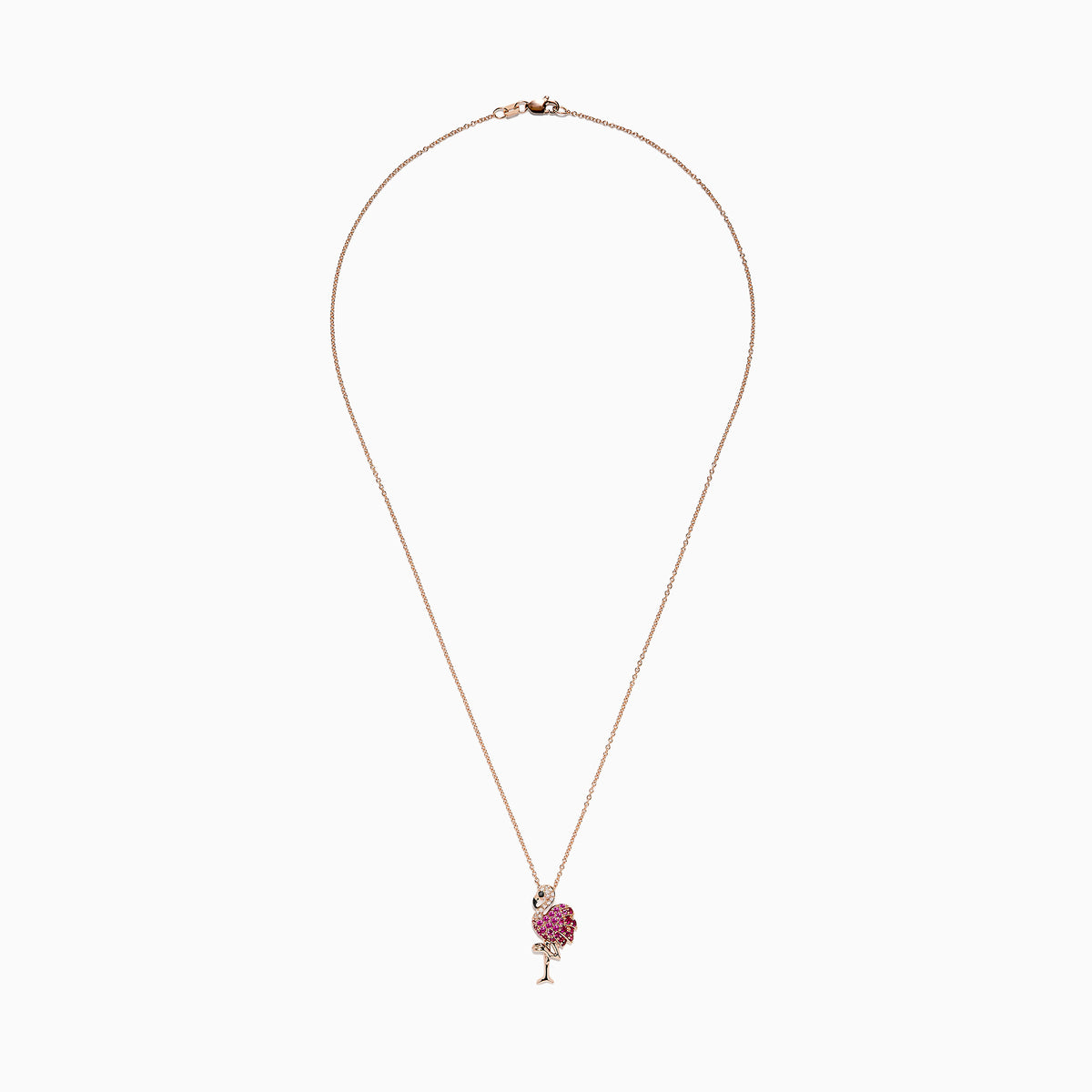 The Safari 14K Rose Gold Ruby and Diamond Flamingo Pendant (0.64 TCW) features an elegant flamingo standing on one leg with ruby, white, and black stones highlighting its body, wing, and eye.