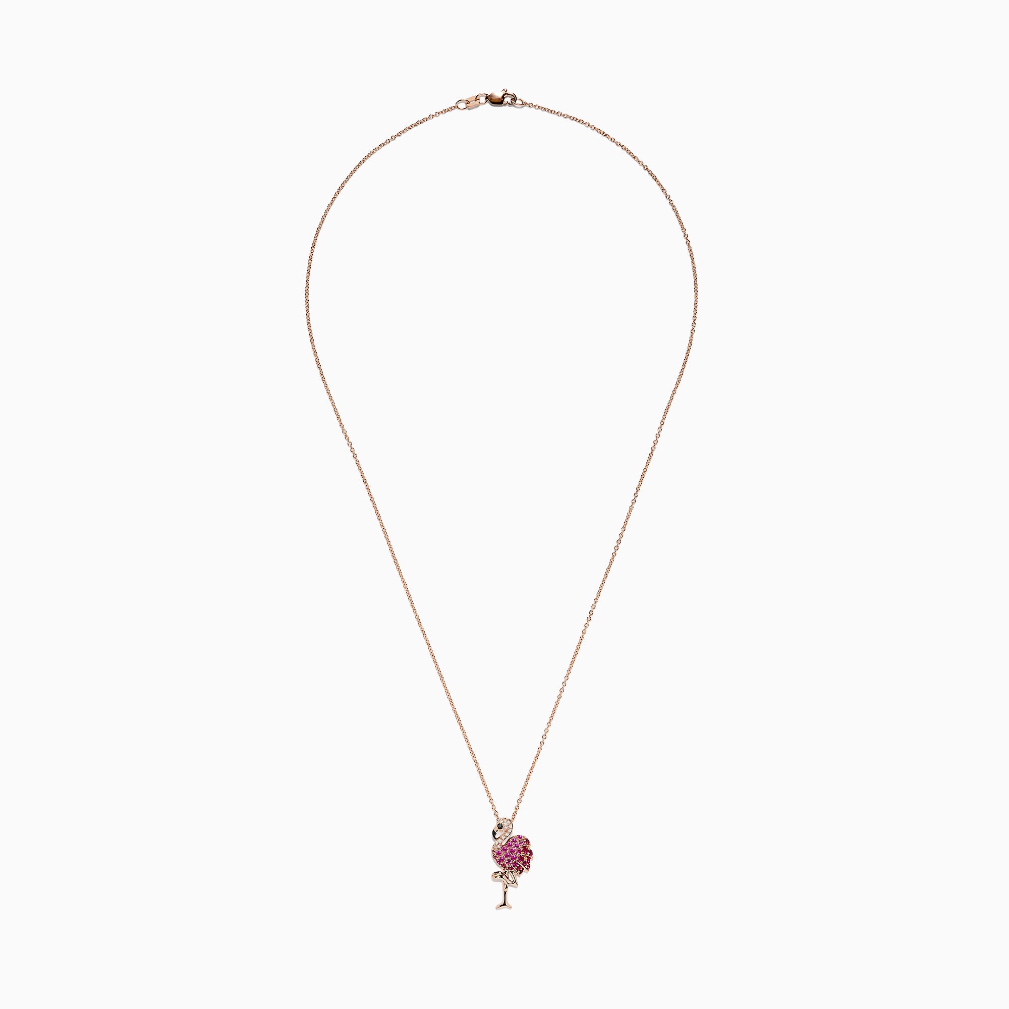 The Safari 14K Rose Gold Ruby and Diamond Flamingo Pendant (0.64 TCW) features an elegant flamingo standing on one leg with ruby, white, and black stones highlighting its body, wing, and eye.