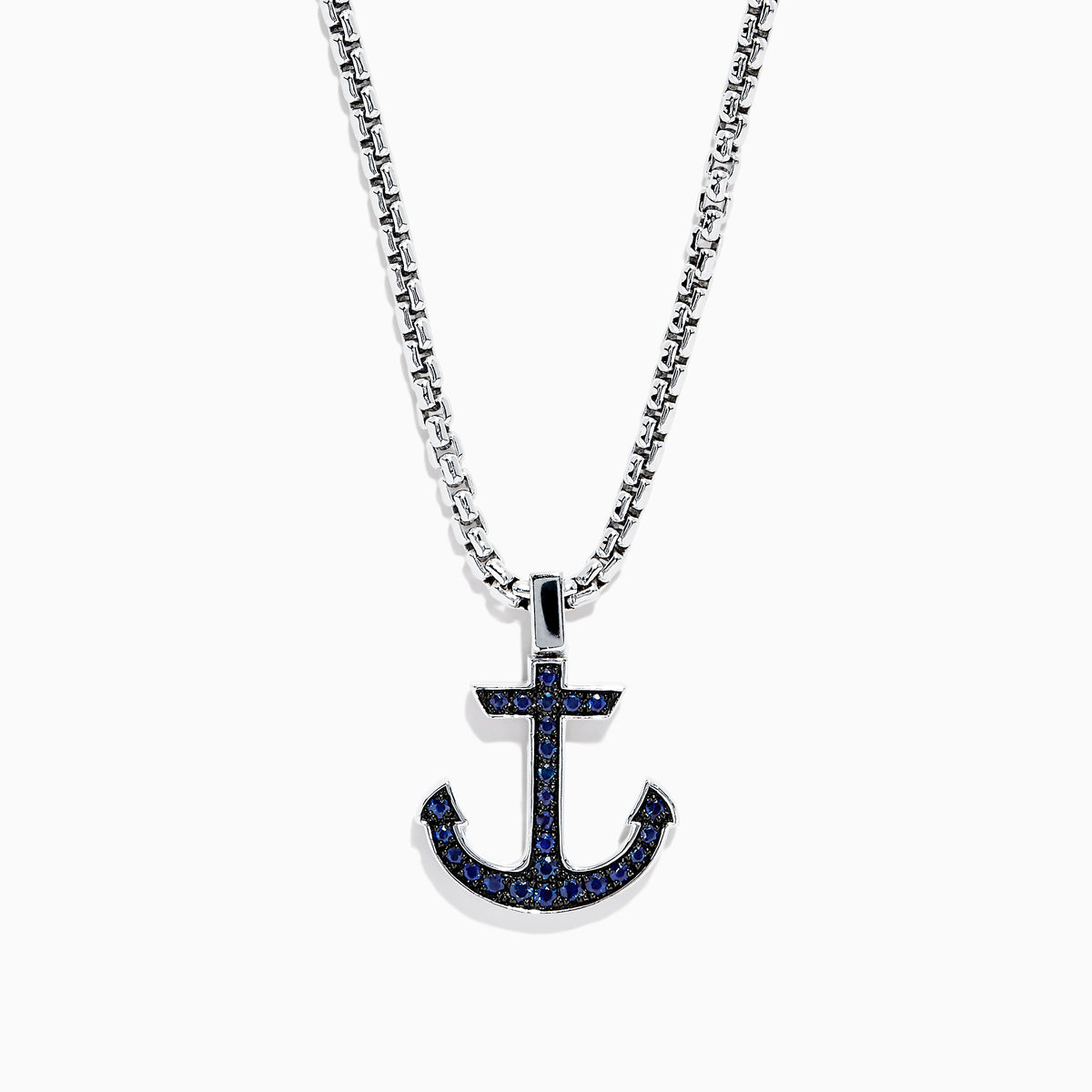 Mens Sterling Silver Blue Sapphire Anchor Pendant, 0.52 TCW, features an anchor-shaped pendant with dark blue gemstones on a classic chain, shown against a plain white background.