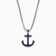 Mens Sterling Silver Blue Sapphire Anchor Pendant, 0.52 TCW, features an anchor-shaped pendant with dark blue gemstones on a classic chain, shown against a plain white background.