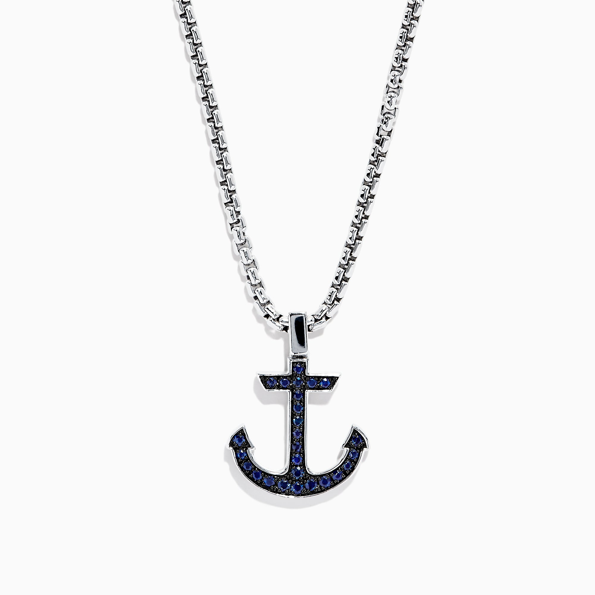 Mens Sterling Silver Blue Sapphire Anchor Pendant, 0.52 TCW, features an anchor-shaped pendant with dark blue gemstones on a classic chain, shown against a plain white background.