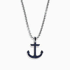Mens Sterling Silver Blue Sapphire Anchor Pendant, 0.52 TCW, features an anchor-shaped pendant with dark blue gemstones on a classic chain, shown against a plain white background.