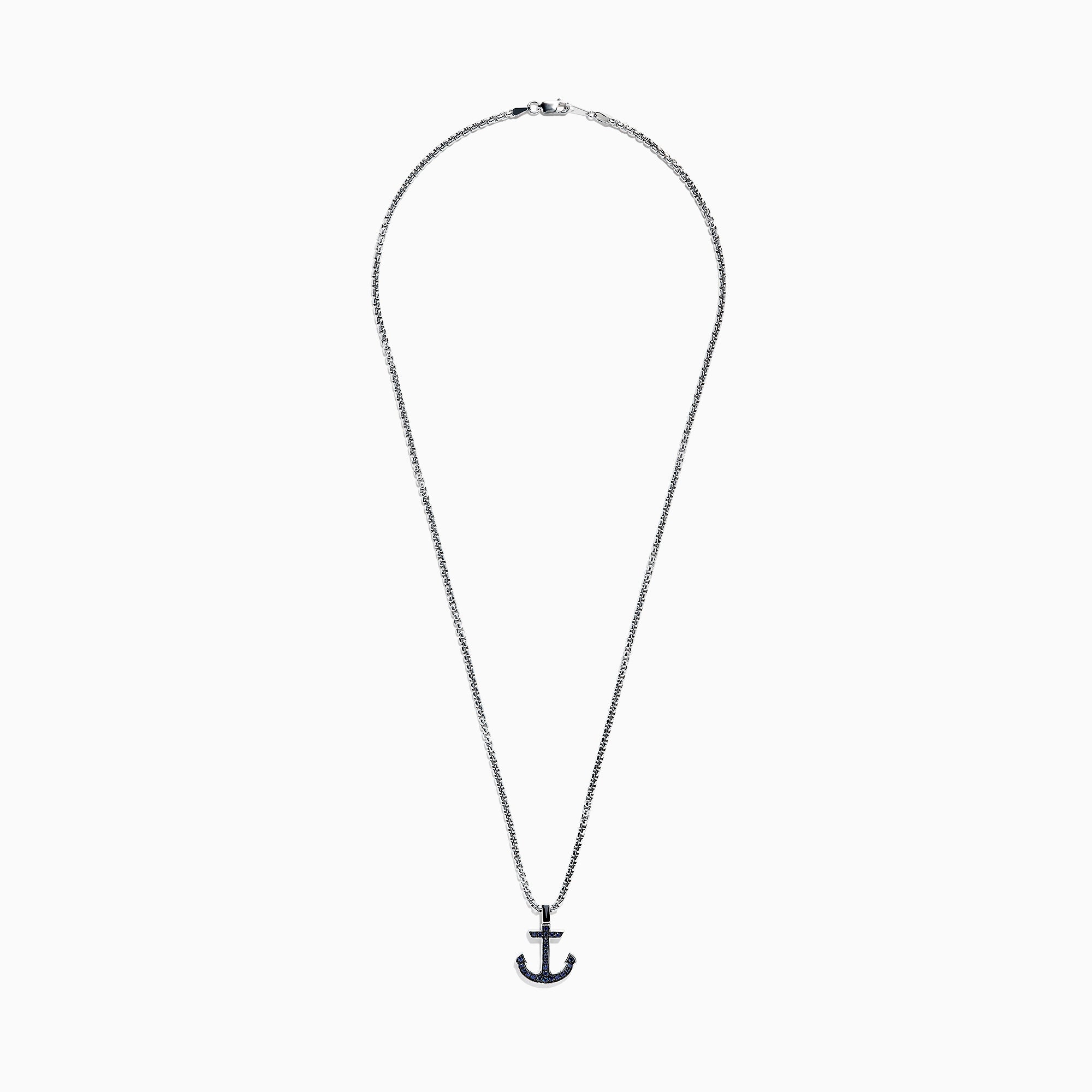 Mens Sterling Silver Blue Sapphire Anchor Pendant, 0.52 TCW, features an anchor-shaped pendant with dark blue gemstones on a classic chain, shown against a plain white background.