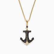 Men’s 14K yellow gold anchor pendant necklace with black finish, set with black and white diamonds (0.73 TCW), shown on a plain white background.