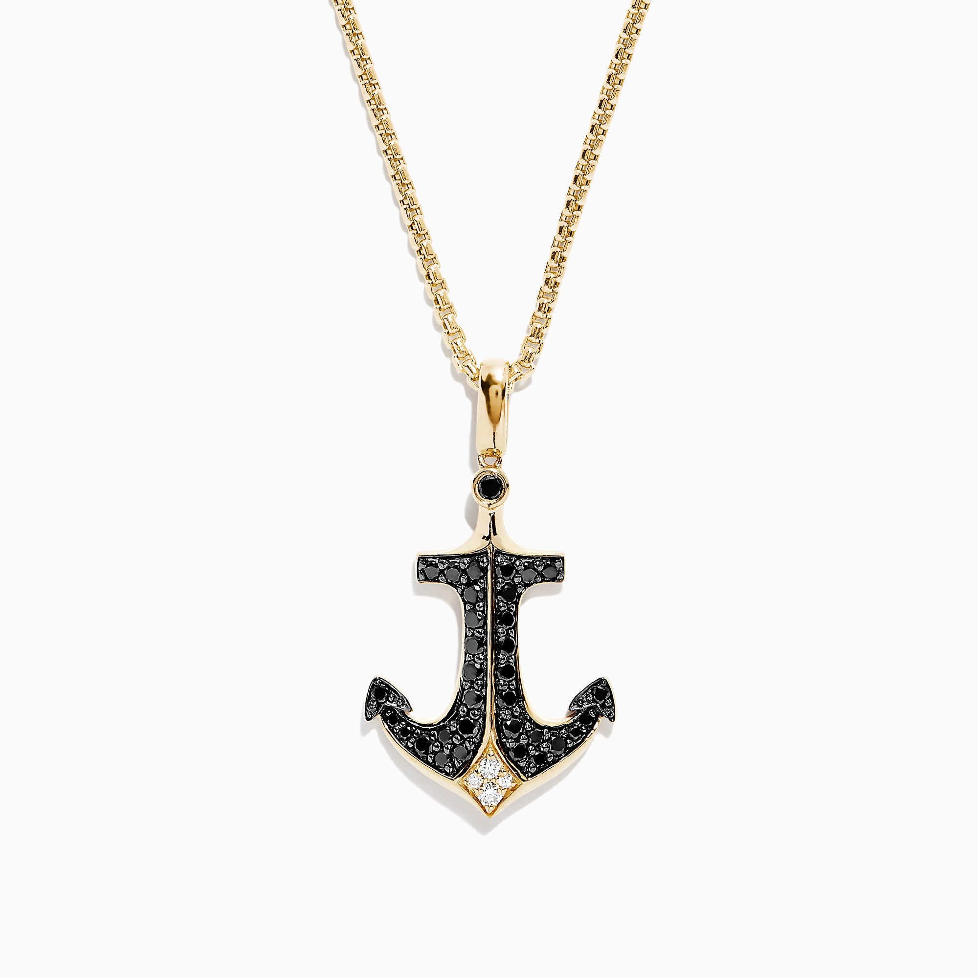 Men’s 14K yellow gold anchor pendant necklace with black finish, set with black and white diamonds (0.73 TCW), shown on a plain white background.