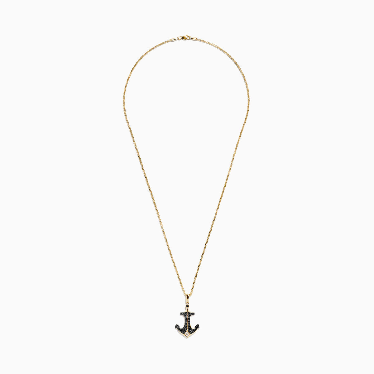 Men’s 14K yellow gold anchor pendant necklace with black finish, set with black and white diamonds (0.73 TCW), shown on a plain white background.