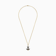 Men’s 14K yellow gold anchor pendant necklace with black finish, set with black and white diamonds (0.73 TCW), shown on a plain white background.