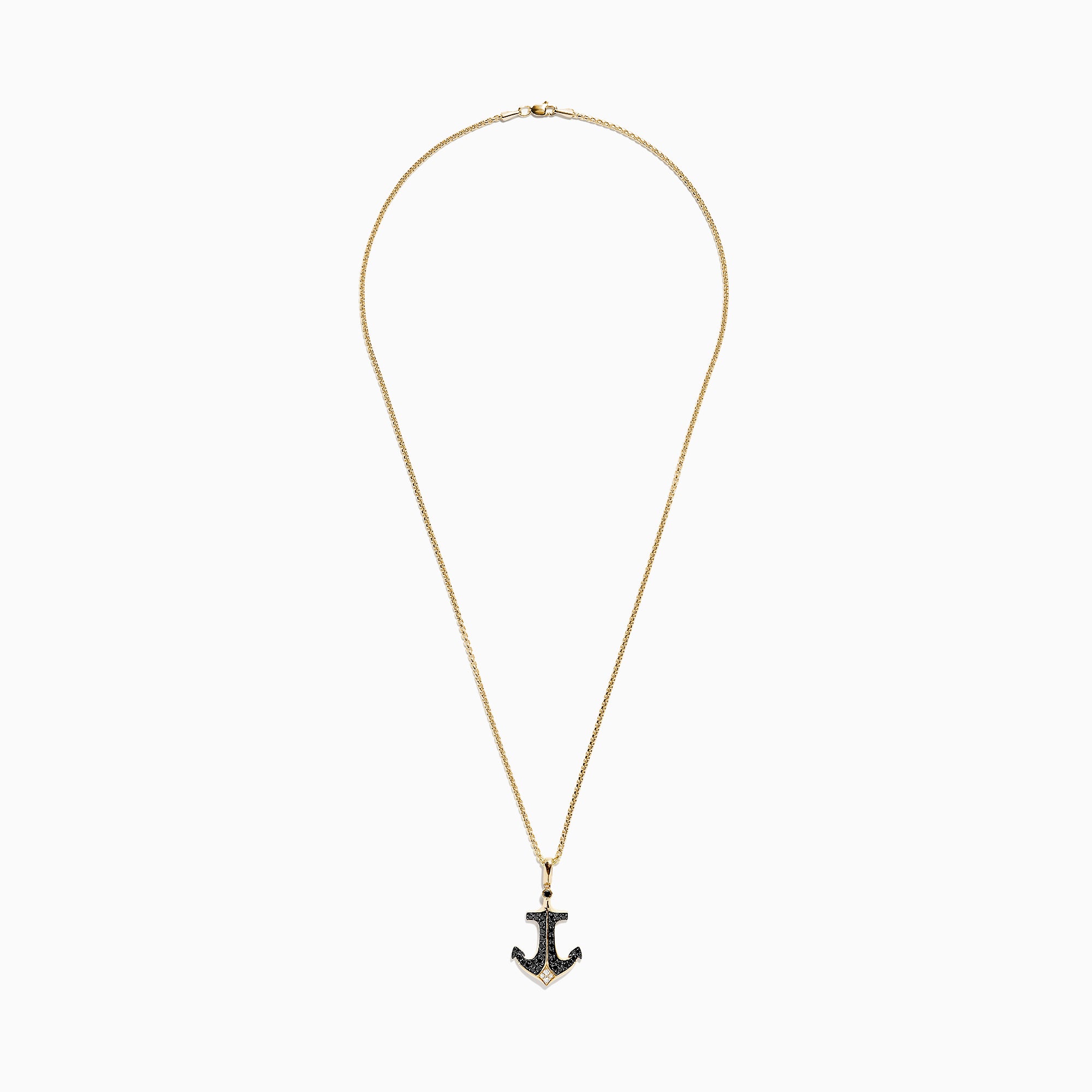 Men’s 14K yellow gold anchor pendant necklace with black finish, set with black and white diamonds (0.73 TCW), shown on a plain white background.