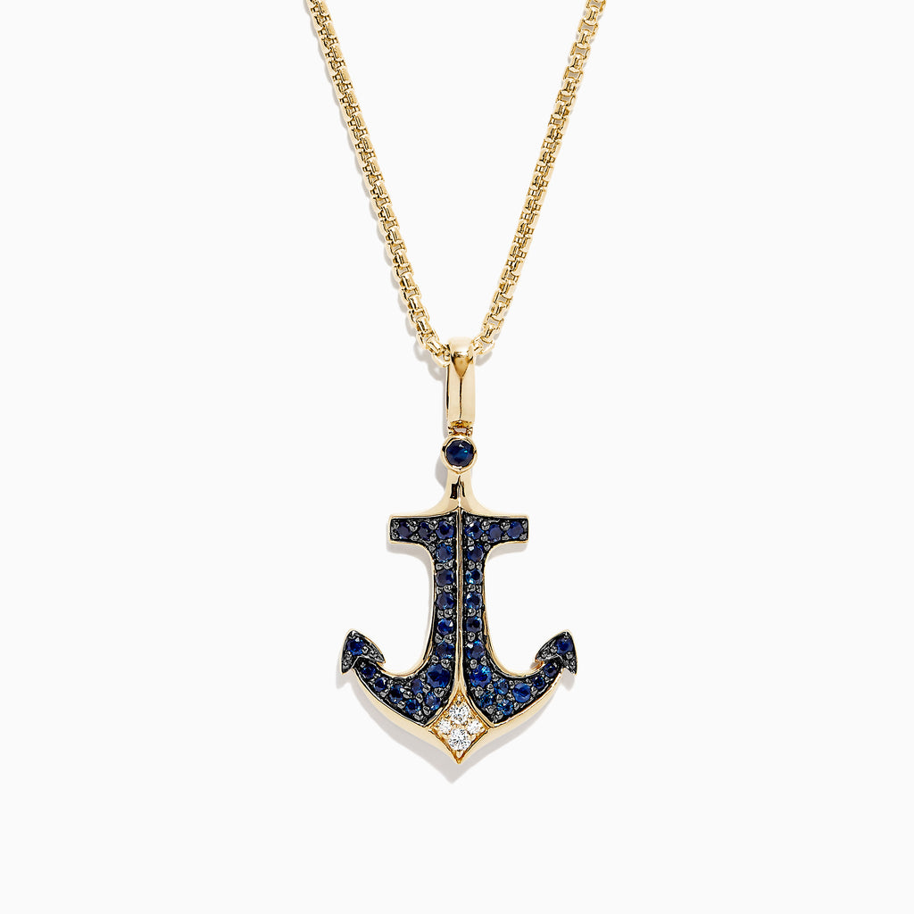 Effy Mens 14K Yellow Gold Sapphire and Diamond Anchor Pendant, 0.96 TCW, features an anchor adorned with blue sapphires and white diamonds, polished to perfection and suspended from a gold loop.
