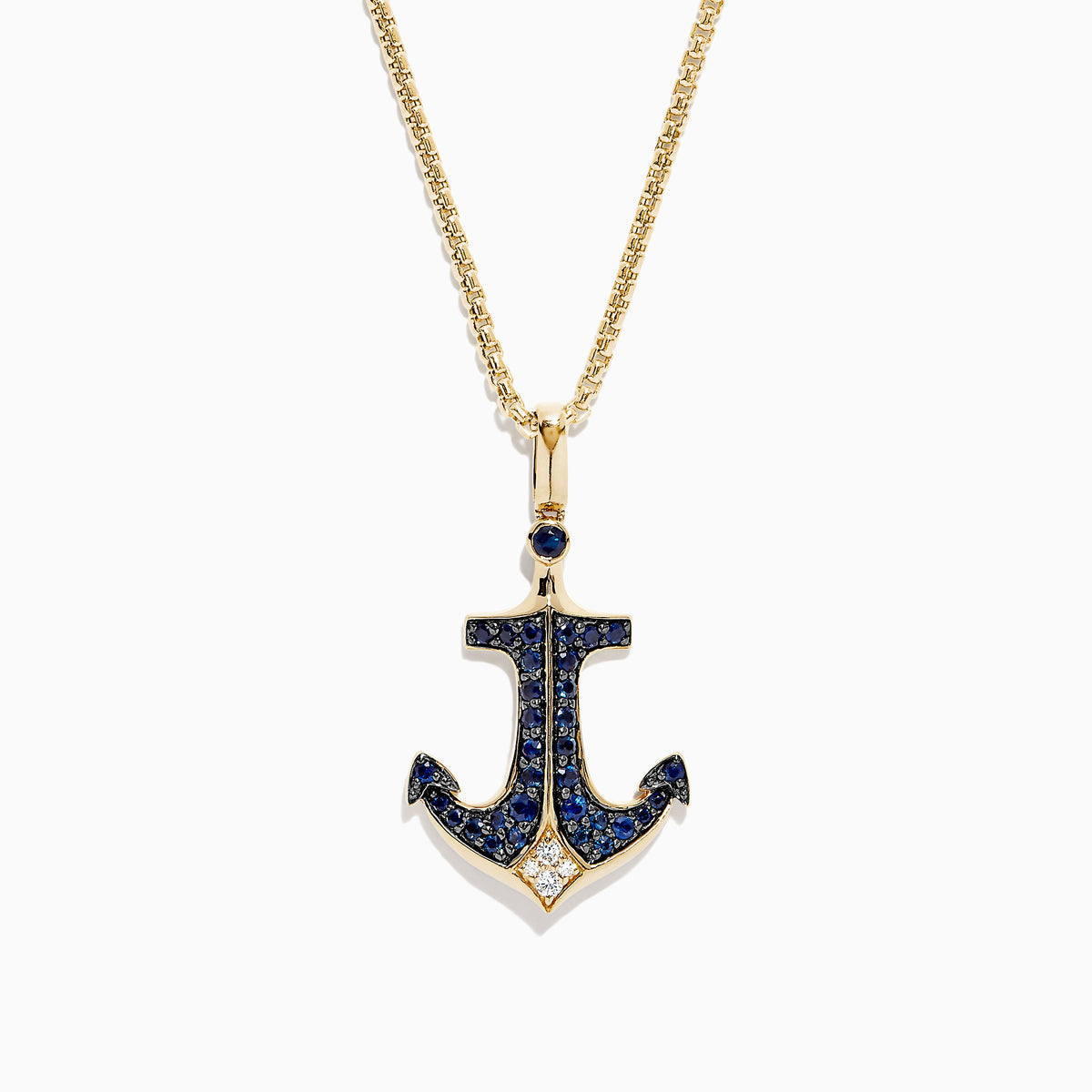 Effy Mens 14K Yellow Gold Sapphire and Diamond Anchor Pendant, 0.96 TCW, features an anchor adorned with blue sapphires and white diamonds, polished to perfection and suspended from a gold loop.