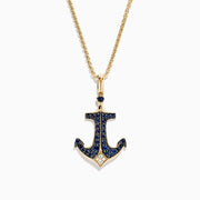 Effy Mens 14K Yellow Gold Sapphire and Diamond Anchor Pendant, 0.96 TCW, features an anchor adorned with blue sapphires and white diamonds, polished to perfection and suspended from a gold loop.