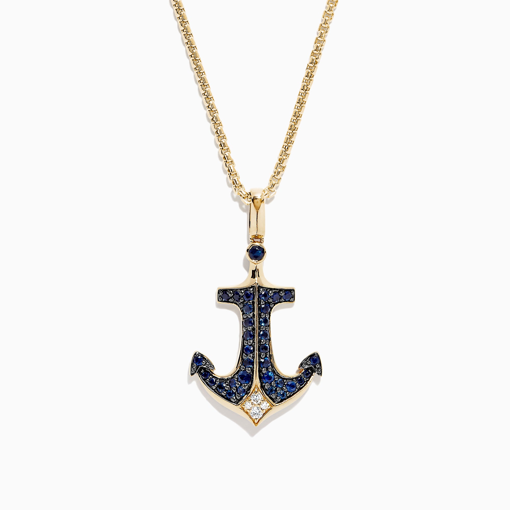 Effy Mens 14K Yellow Gold Sapphire and Diamond Anchor Pendant, 0.96 TCW, features an anchor adorned with blue sapphires and white diamonds, polished to perfection and suspended from a gold loop.