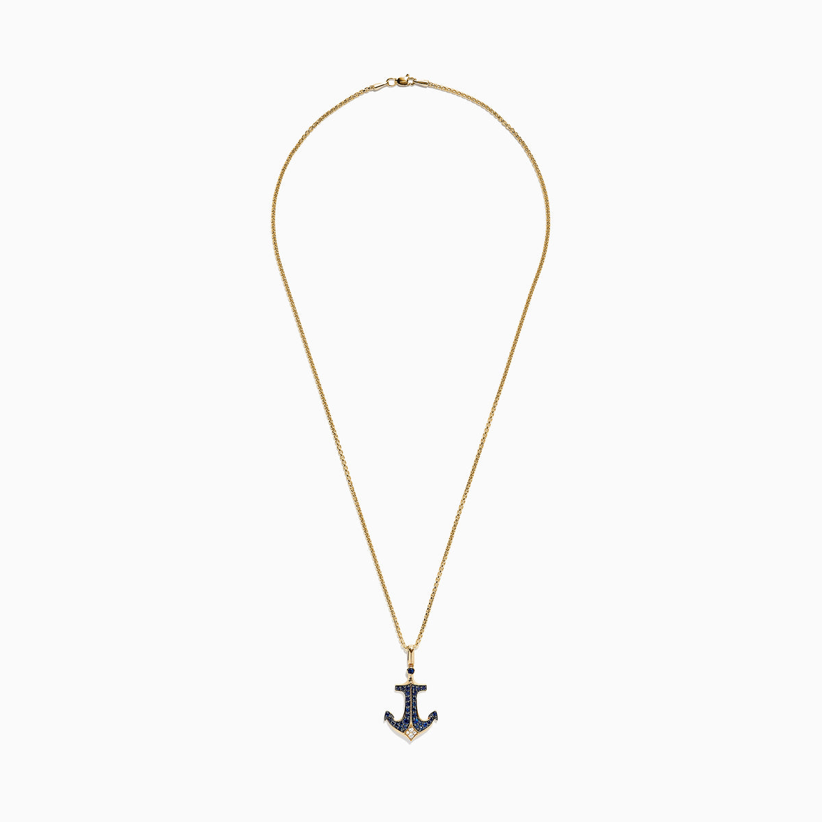 Effy Mens 14K Yellow Gold Sapphire and Diamond Anchor Pendant, 0.96 TCW, features an anchor adorned with blue sapphires and white diamonds, polished to perfection and suspended from a gold loop.