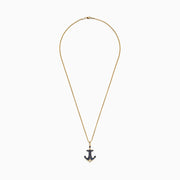 Effy Mens 14K Yellow Gold Sapphire and Diamond Anchor Pendant, 0.96 TCW, features an anchor adorned with blue sapphires and white diamonds, polished to perfection and suspended from a gold loop.