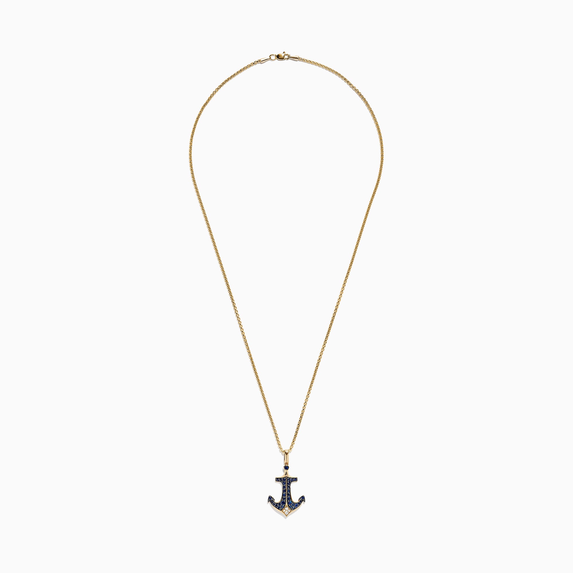 Effy Mens 14K Yellow Gold Sapphire and Diamond Anchor Pendant, 0.96 TCW, features an anchor adorned with blue sapphires and white diamonds, polished to perfection and suspended from a gold loop.