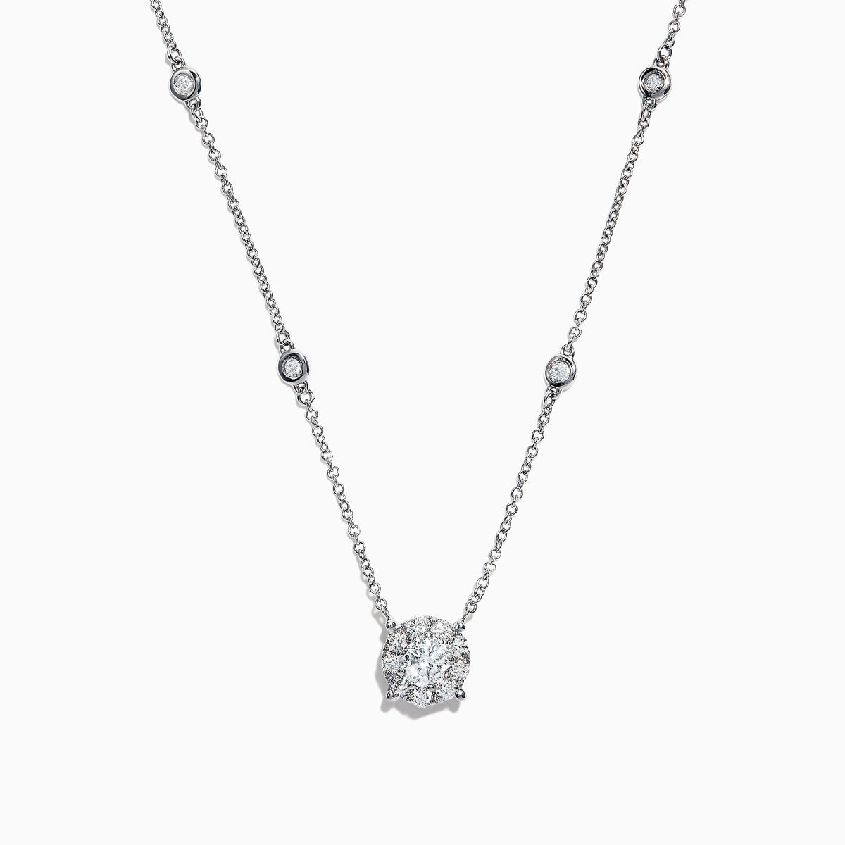 The Bouquet 14K White Gold Diamond Station Cluster Pendant Necklace, 0.82 TCW, showcases a large round diamond pendant and four bezel-set diamonds along the chain, beautifully displayed on a white background.