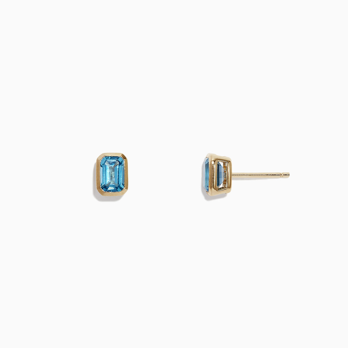Ocean Bleu 14K Yellow Gold Blue Topaz Stud Earrings, 1.37 TCW by Effy Jewelry are small, rectangular blue topaz studs set in yellow gold, shown against a plain white background.
