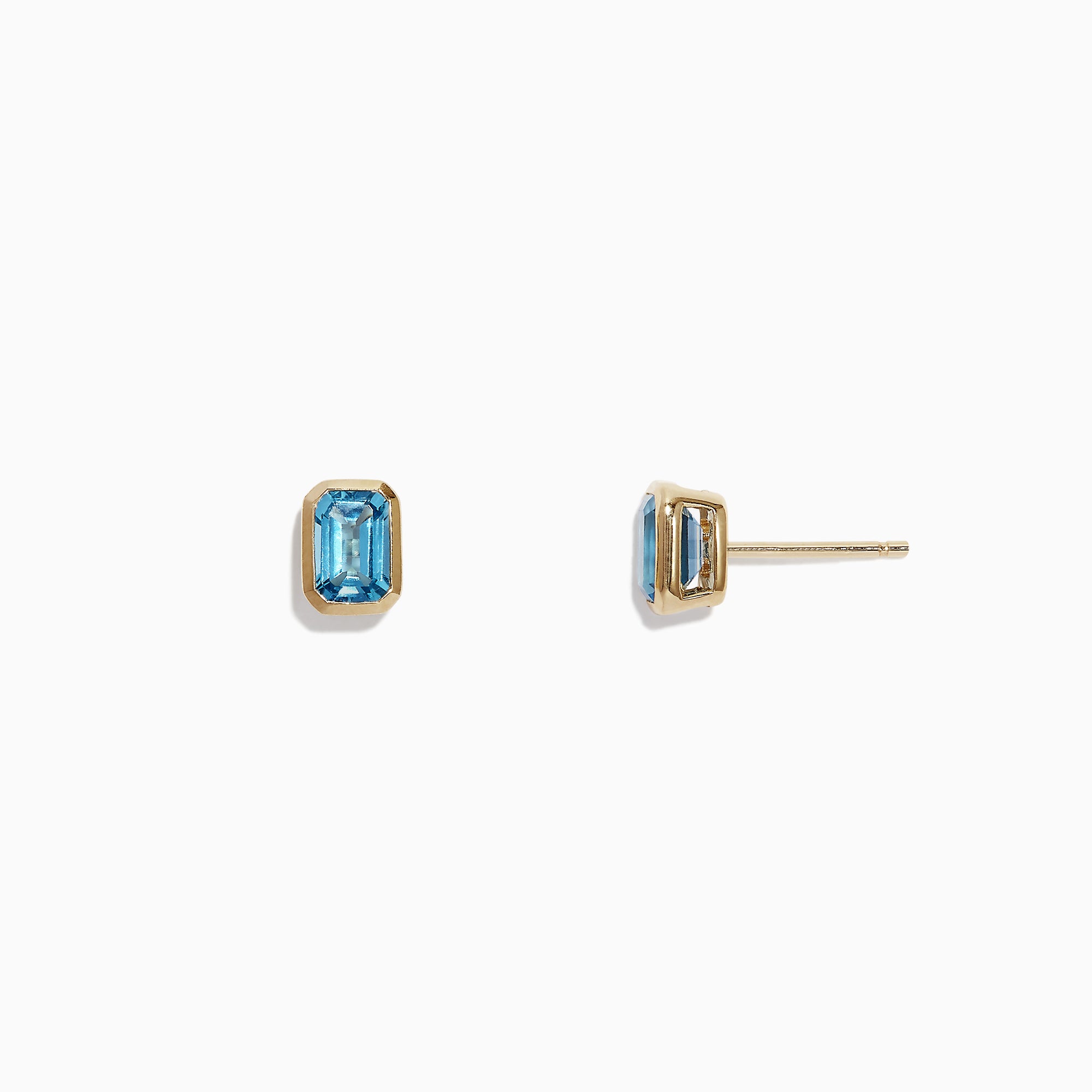 Ocean Bleu 14K Yellow Gold Blue Topaz Stud Earrings, 1.37 TCW by Effy Jewelry are small, rectangular blue topaz studs set in yellow gold, shown against a plain white background.
