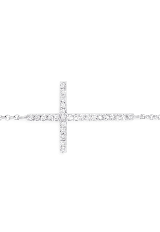 Novelty 14K White Gold Diamond Cross Bracelet, 0.09, showcases a horizontal cross accented with sparkling diamonds and is finished with a secure lobster clasp.