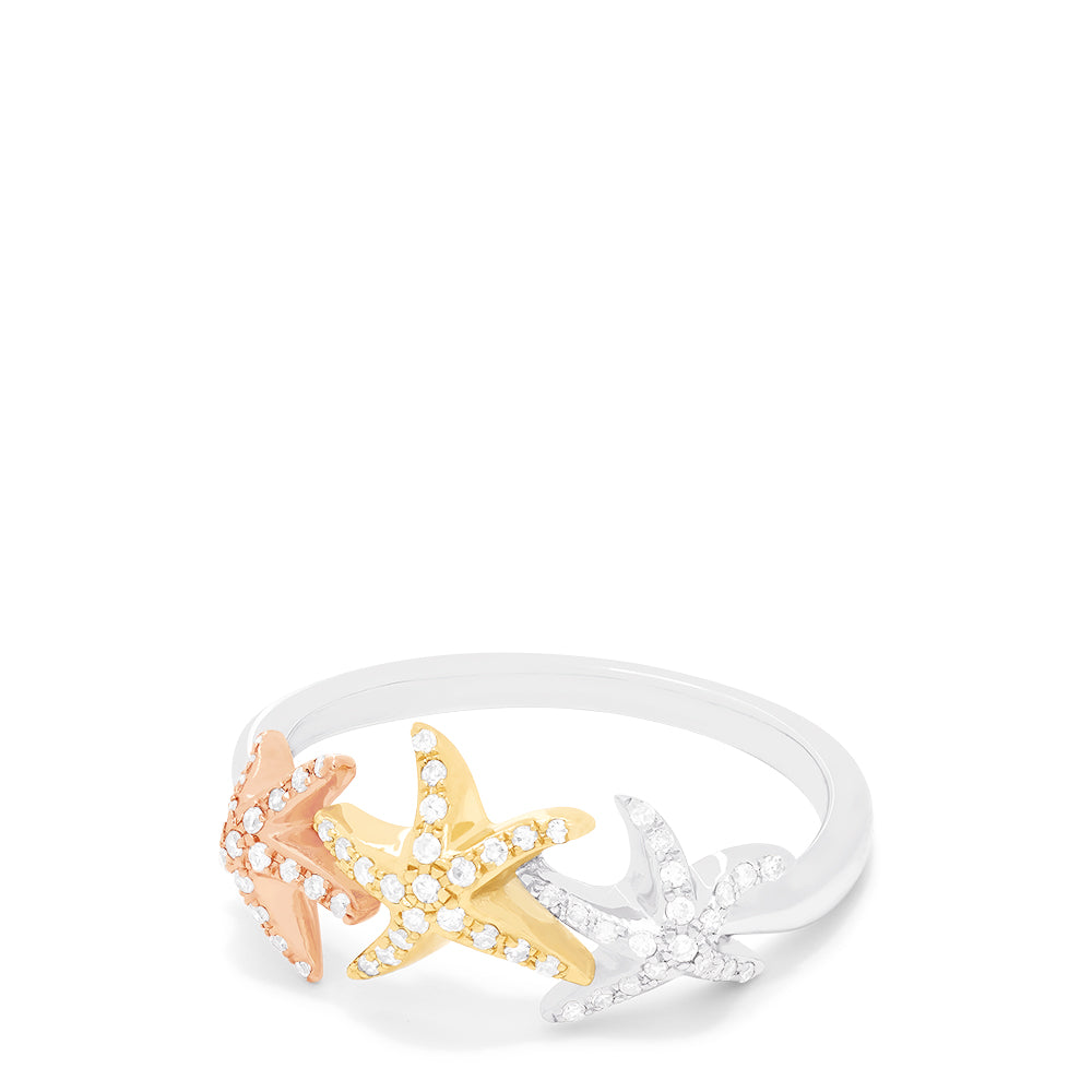 The Seaside 14K Tri Color Gold Diamond Starfish Ring, 0.23 TCW, showcases three starfish in rose, yellow, and white gold with sparkling diamonds on a slim band, inspired by the Effy Seaside collection.