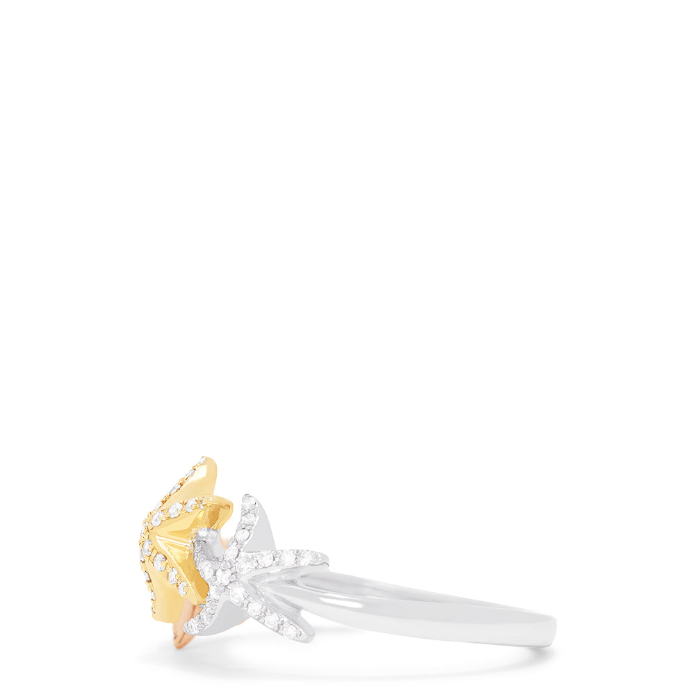 The Seaside 14K Tri Color Gold Diamond Starfish Ring, 0.23 TCW, showcases three starfish in rose, yellow, and white gold with sparkling diamonds on a slim band, inspired by the Effy Seaside collection.