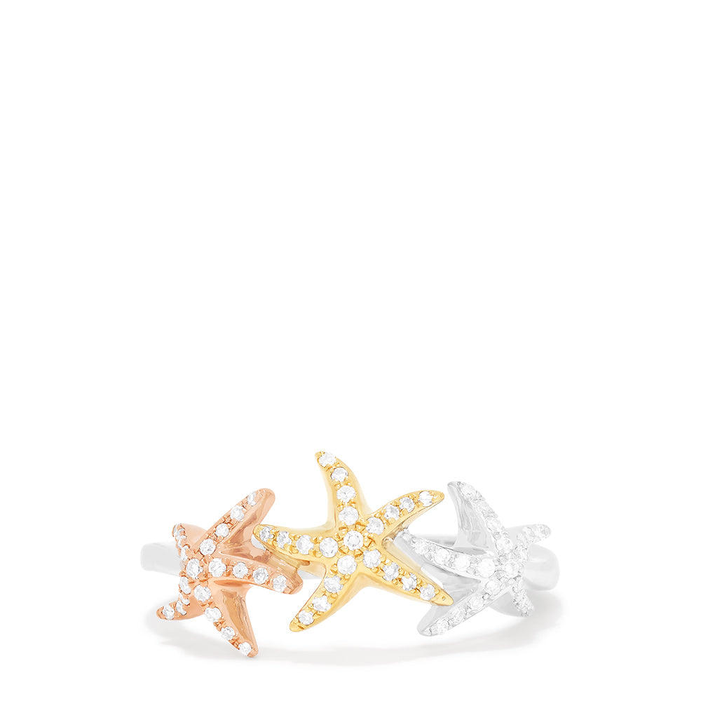The Seaside 14K Tri Color Gold Diamond Starfish Ring, 0.23 TCW, showcases three starfish in rose, yellow, and white gold with sparkling diamonds on a slim band, inspired by the Effy Seaside collection.