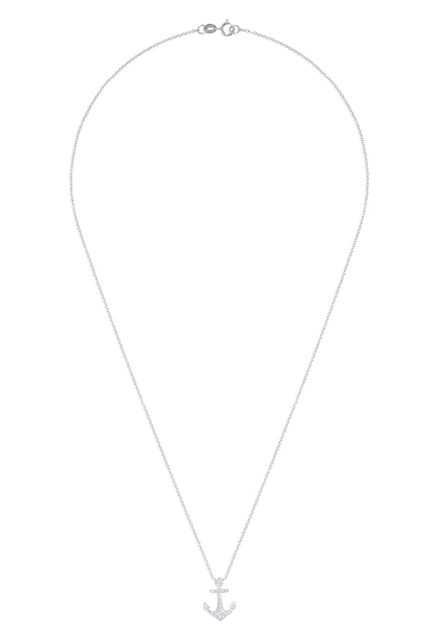 The Novelty 14K White Gold Diamond Anchor Pendant, 0.15 TCW, dazzles with sparkling diamonds and is elegantly showcased against a plain white backdrop.