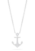 The Novelty 14K White Gold Diamond Anchor Pendant, 0.15 TCW, dazzles with sparkling diamonds and is elegantly showcased against a plain white backdrop.