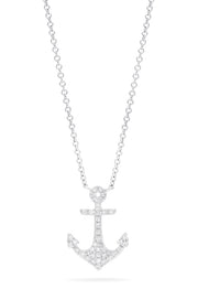 The Novelty 14K White Gold Diamond Anchor Pendant, 0.15 TCW, dazzles with sparkling diamonds and is elegantly showcased against a plain white backdrop.