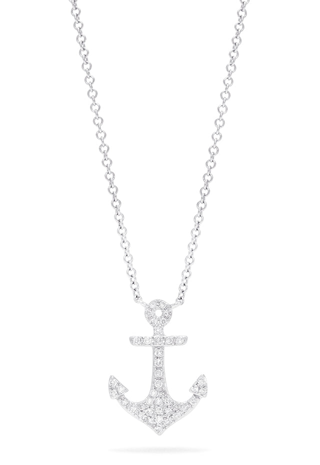 The Novelty 14K White Gold Diamond Anchor Pendant, 0.15 TCW, dazzles with sparkling diamonds and is elegantly showcased against a plain white backdrop.