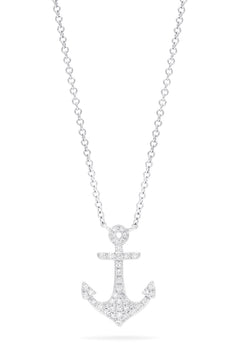 The Novelty 14K White Gold Diamond Anchor Pendant, 0.15 TCW, dazzles with sparkling diamonds and is elegantly showcased against a plain white backdrop.