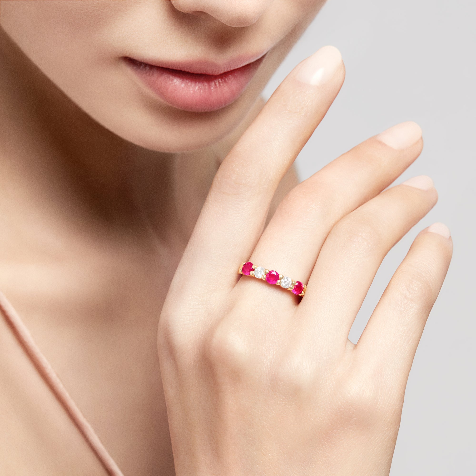 The 14K Yellow Gold Natural Ruby and Diamond Band, 1.08 TCW, features alternating round rubies and clear diamonds in a polished yellow gold setting, shown against a white background.