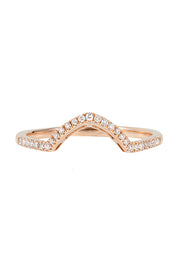 The Pave Classica 14K Rose Gold Curved Diamond Stacking Band features a graceful chevron shape, highlighted by small sparkling white diamonds set along the top curve.