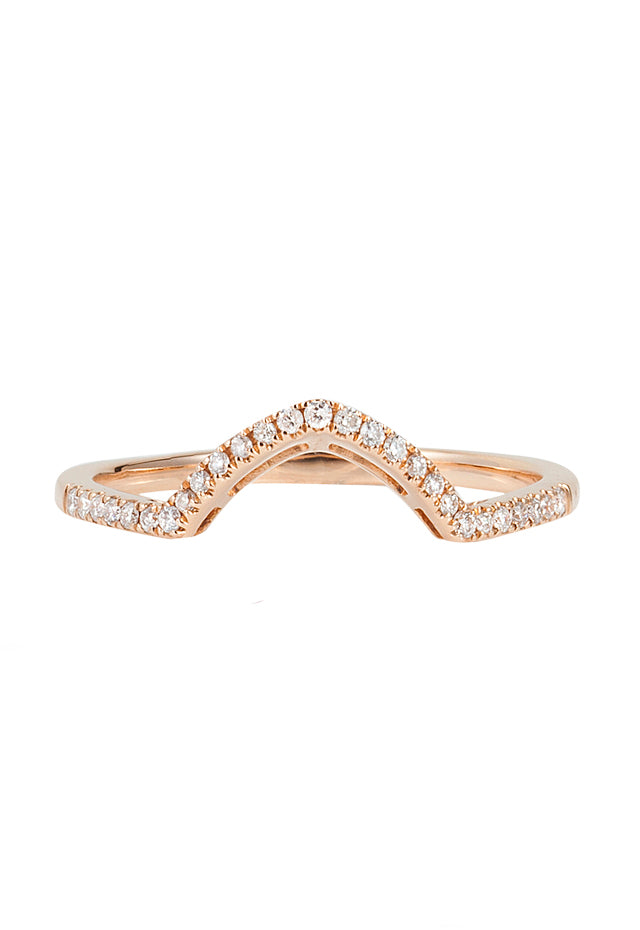 The Pave Classica 14K Rose Gold Curved Diamond Stacking Band features a graceful chevron shape, highlighted by small sparkling white diamonds set along the top curve.