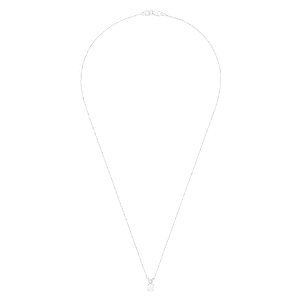 The Pave Classica 14K White Gold Solitaire Diamond Pendant, 0.49 TCW, features a single round diamond in a prong setting on a delicate chain, showcasing minimalistic elegance against a plain white background.