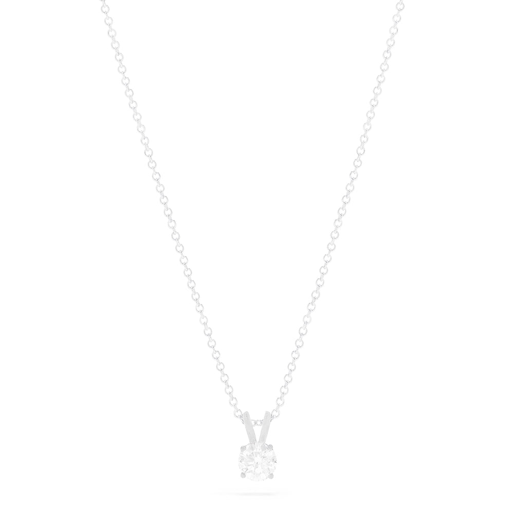 The Pave Classica 14K White Gold Solitaire Diamond Pendant, 0.49 TCW, features a single round diamond in a prong setting on a delicate chain, showcasing minimalistic elegance against a plain white background.