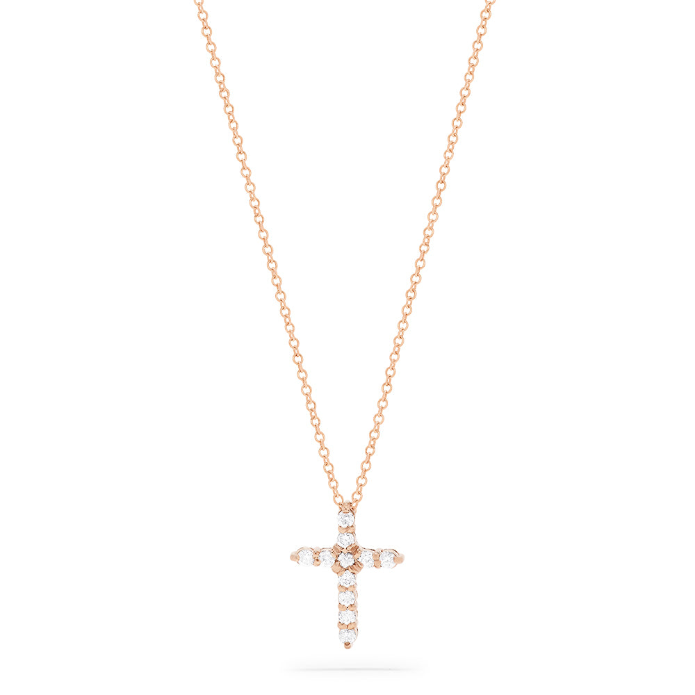 A Pave Rose 14K Gold Diamond Cross Pendant (0.22 TCW) hangs on a fine gold chain, adorned with sparkling diamonds. Shown on a plain white background.