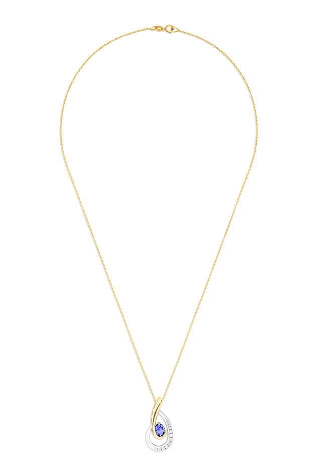 14K two-tone gold pendant necklace featuring a loop design set with tanzanite and diamonds, 0.87 total carat weight.