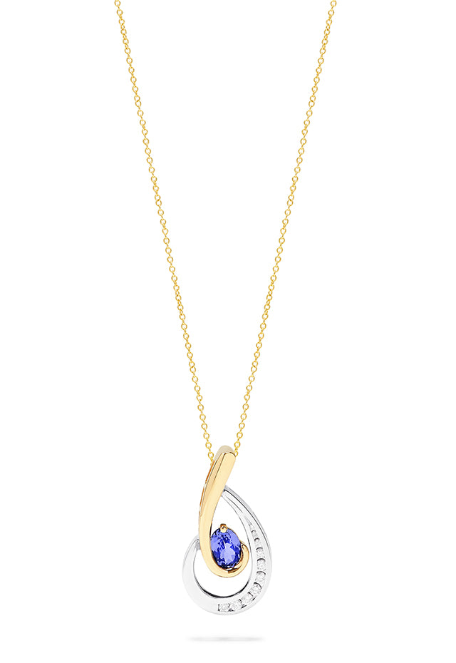 14K two-tone gold pendant necklace featuring a loop design set with tanzanite and diamonds, 0.87 total carat weight.