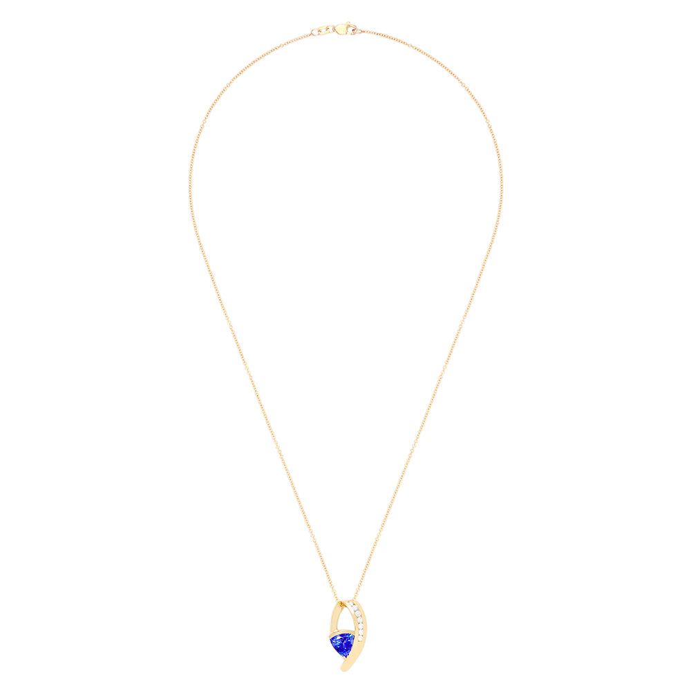The 14K Yellow Gold Tanzanite and Diamond Pendant, 1.73 TCW, features a modern necklace design with a triangular tanzanite gemstone and a curved gold bar set with six round diamonds.