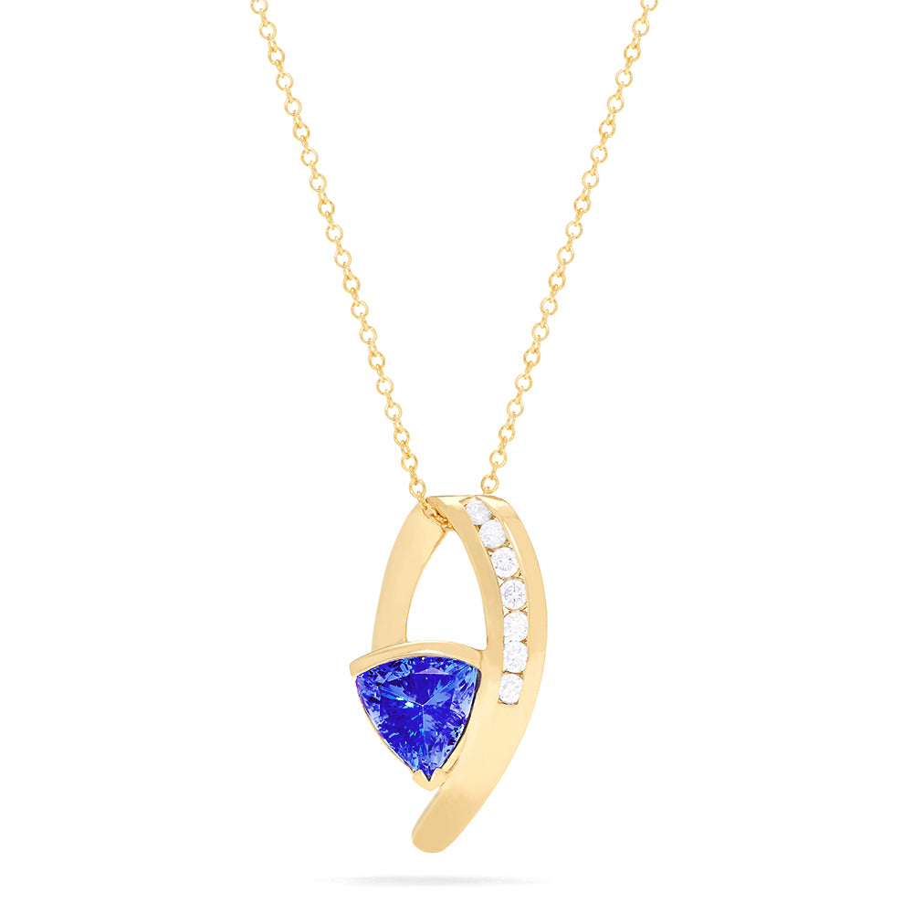 The 14K Yellow Gold Tanzanite and Diamond Pendant, 1.73 TCW, features a modern necklace design with a triangular tanzanite gemstone and a curved gold bar set with six round diamonds.