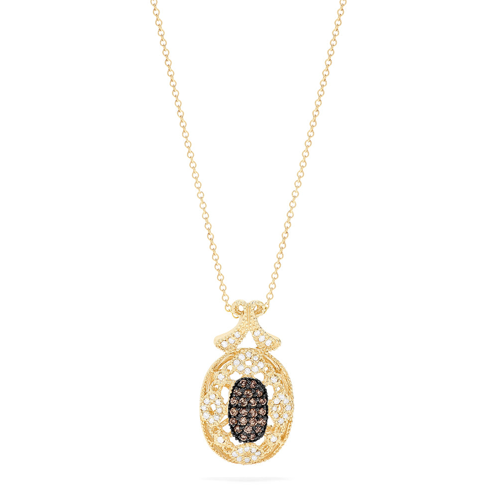 14K yellow gold necklace with an ornate pendant featuring espresso and white diamonds (0.29 TCW) in an intricate design, hanging from a delicate gold chain.
