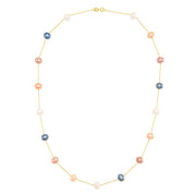 The 14K Yellow Gold Cultured Fresh Water Pearl 16.5 Necklace features evenly spaced white, pink, lavender, and dark blue pearls on a delicate yellow gold chain.