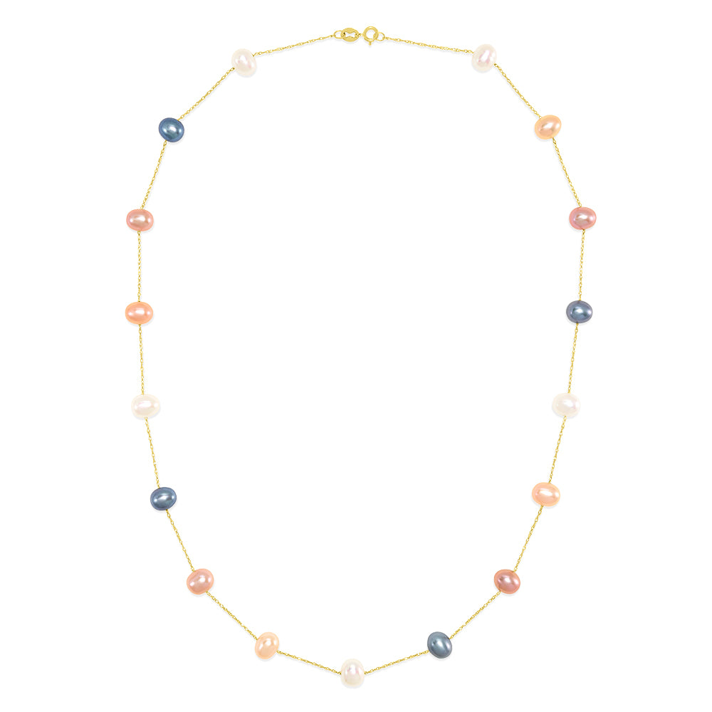 The 14K Yellow Gold Cultured Fresh Water Pearl 16.5 Necklace features evenly spaced white, pink, lavender, and dark blue pearls on a delicate yellow gold chain.