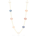 The 14K Yellow Gold Cultured Fresh Water Pearl 16.5 Necklace features evenly spaced white, pink, lavender, and dark blue pearls on a delicate yellow gold chain.