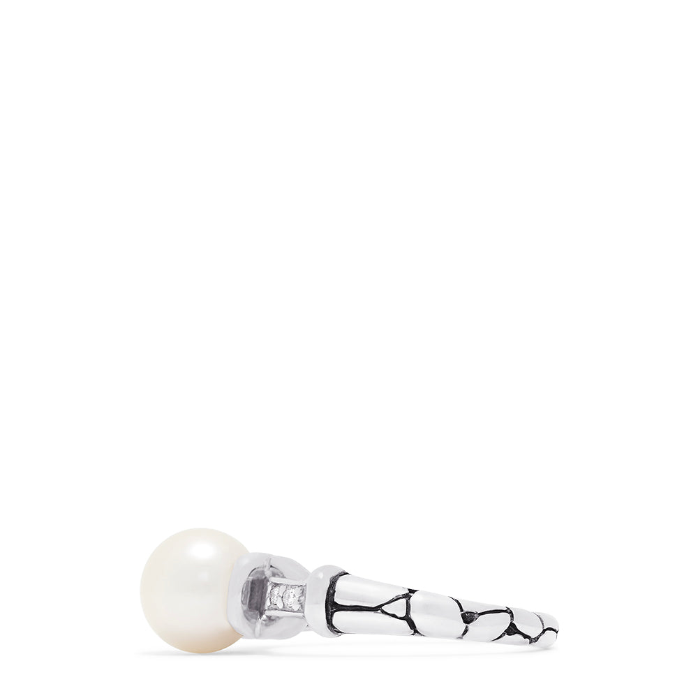 The 925 Sterling Silver Cultured Pearl and Diamond Ring (0.03 TCW) features a round pearl at the center with two small square-set diamonds on each side, displayed against a plain white background.