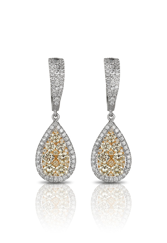 The Canare 14K Two-Tone Gold Yellow Diamond Statement Drop Earrings (2.07 TCW) feature teardrop yellow diamonds with white diamond halos and diamond-accented hoops for dazzling elegance.